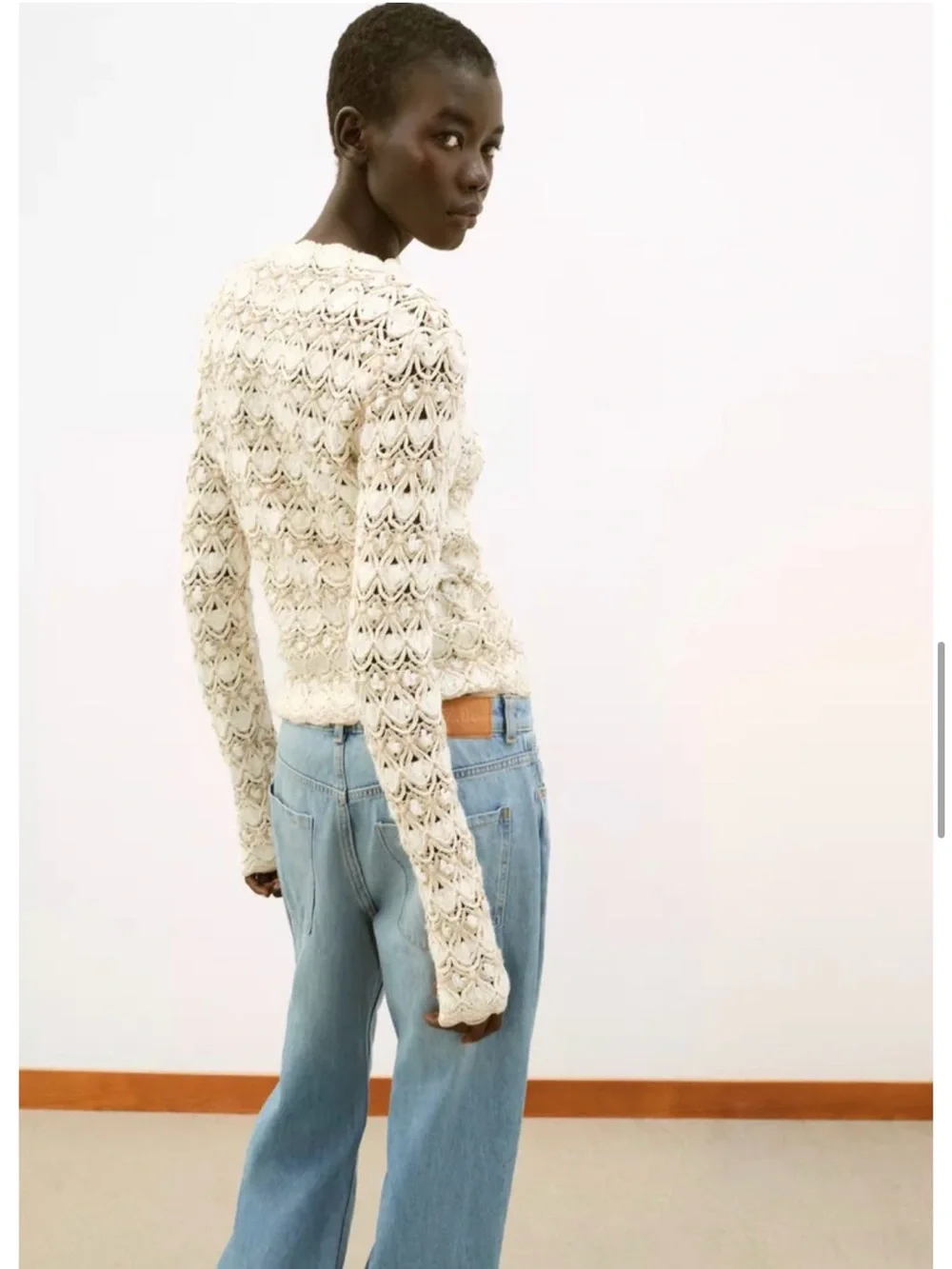 Zara Cream Crocheted Long-Sleeve Sweater